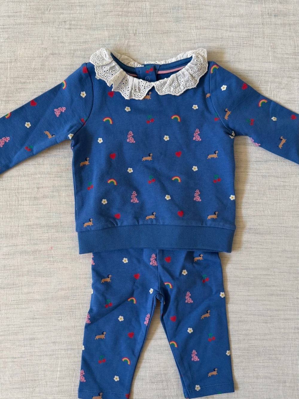 Baby Boden Blue Matching Set with Lace Collar and Playful Prints - NWT 3-6 month